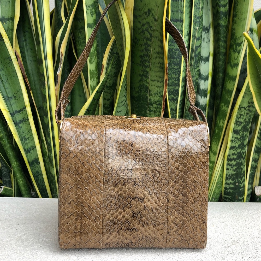 Surrey Original Brown Leather Handbag Box Bag Clutch Purse Gold Vintage 50s 60s